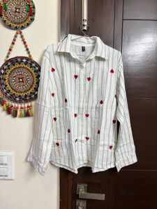 Striped Heart Print Button-Up Shirt