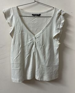 White V-Neck Flutter Sleeve Top