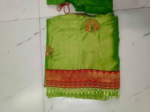 Green Silk Saree with Red Border