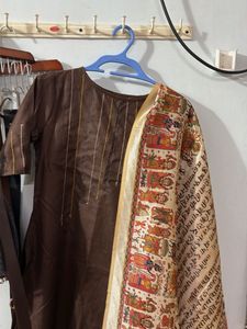 Elegant Brown Kurta Set with Printed Dupatta