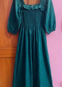 Emerald Green Smocked Square Neck Dress