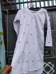 White Kurta with Red Heart Embroidery
