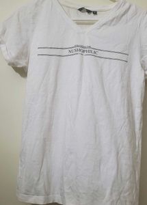 White V-Neck T-Shirt with Graphic Print Nush brand