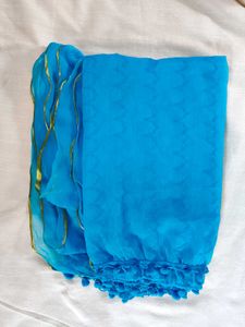 Blue Colour Soft Chiffon Dupatta With Zari Border