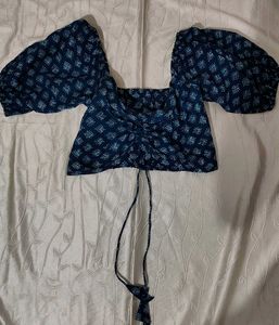 Blue Floral Print Smocked Crop Top