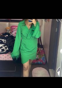 Feather Trimmed Emerald Green Wrap Dress