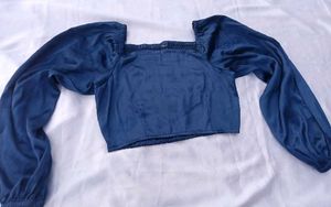 satin Navy Blue Square Neck Puff Sleeve Top