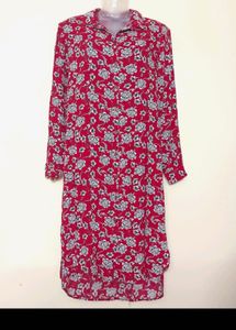 Chic Red Floral Print Shirt Dress
