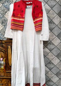 Elegant White Anarkali Kurta with Red Jacket