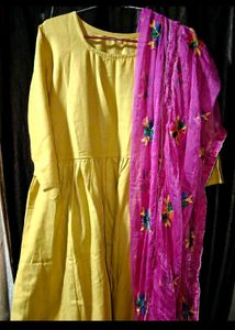 Elegant Yellow Kurta with Pink Dupatta