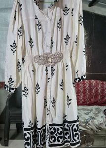 White Kurta with Black Floral Print