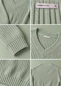 SAGE GREEN RIBBED V-NECK CROPPED SWEATER
