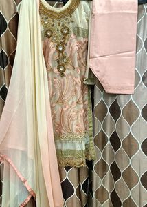 Peach Colour Three Piece Stitch Suit