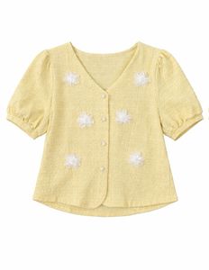 Lemon Yellow Puff Sleeve Top with Flower Detail