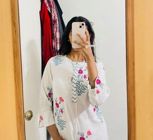 White Kurta with Floral Print