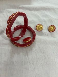 Red &amp; Golden Bangles, Ring &amp; Earrings Set