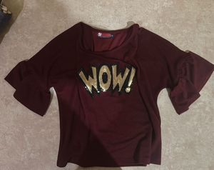 Burgundy "Wow!" Sequin T-Shirt