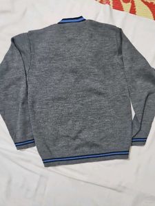 Grey V-Neck Sweater with Blue Stripes