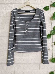 Gray & White Striped Long Sleeve Top