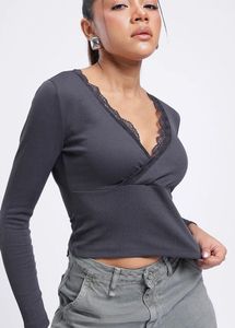 Chic Ribbed Lace Trim Wrap Top