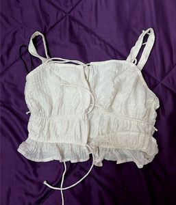 White Crinkle Tie-Front Crop Top