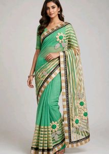 Light Green Designer Saree with 3D Floral Work