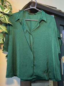 Elegant Satin Green Button-Up Shirt