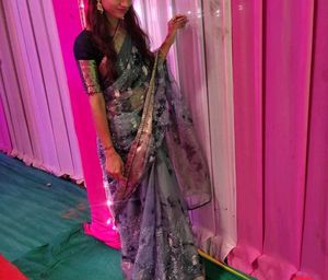Grey Floral Saree with Embellished Blouse