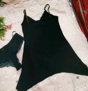 Black Lace Trim night slip with brief 👍