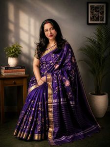 Vibrant Purple Embroidered Linen Saree