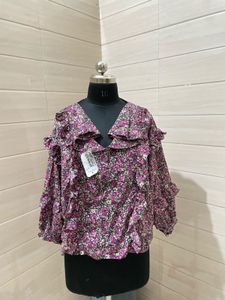Oversized Floral Print Ruffle V-Neck Top