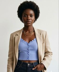 Blue Ribbed Button-Up Crop Top