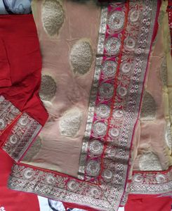 Heavy Cream And Red Color Combination Saree