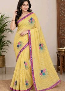 Embroidered Saree with Mirror Work Border
