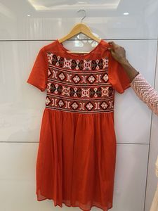 Orange Embroidered Flare Dress