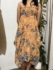 Strapless Floral Print Midi Dress