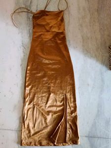 H&amp;M Elegant Gold Satin Maxi Dress with Slit
