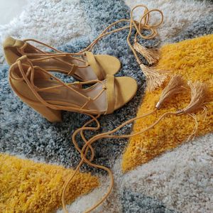 Mustard Yellow Lace-Up Block Heels