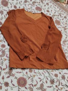 Chic Rust-Colored V-Neck Blouse