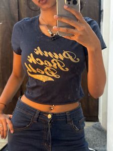 y2k Navy Blue Graphic fitted Crop Top