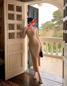 Tie Up Backless Midi Dress with High Slit
