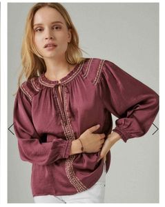 LUCKY BRAND Embroidered Burgundy Blouse