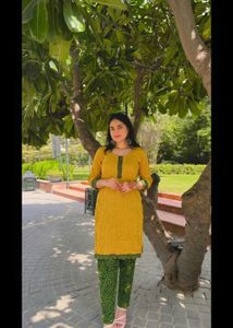 Yellow Kurta Set with Green Pants
