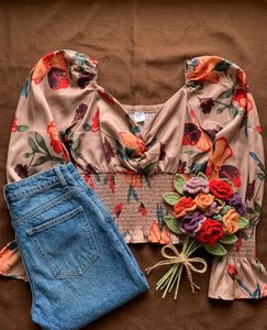 Floral Smocked Crop Top with Jeans