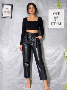 H&M Black Faux Leather Belted Pants