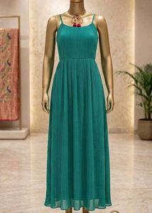 Green Teal Pleated Maxi Dress
