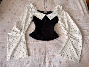 Black &amp; White Polka Dot Flare Sleeve Top