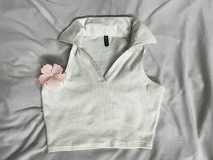 White Ribbed Collared Crop Top