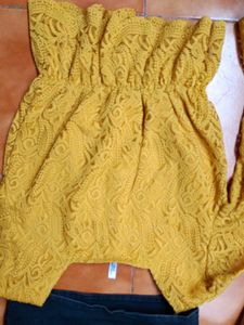 Mustard Yellow Lace  Top with high  waist jeans
