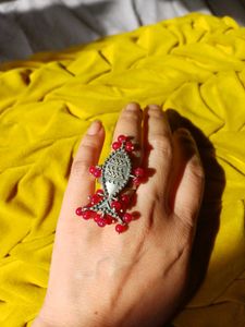 Boho Silverlookalike brass Ring with Red Beads